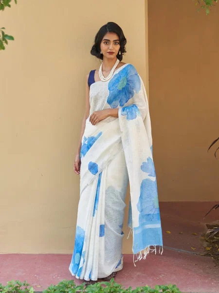 MG 596 Plain Linen With Gold Jari Border Printed Saree Exporters In India